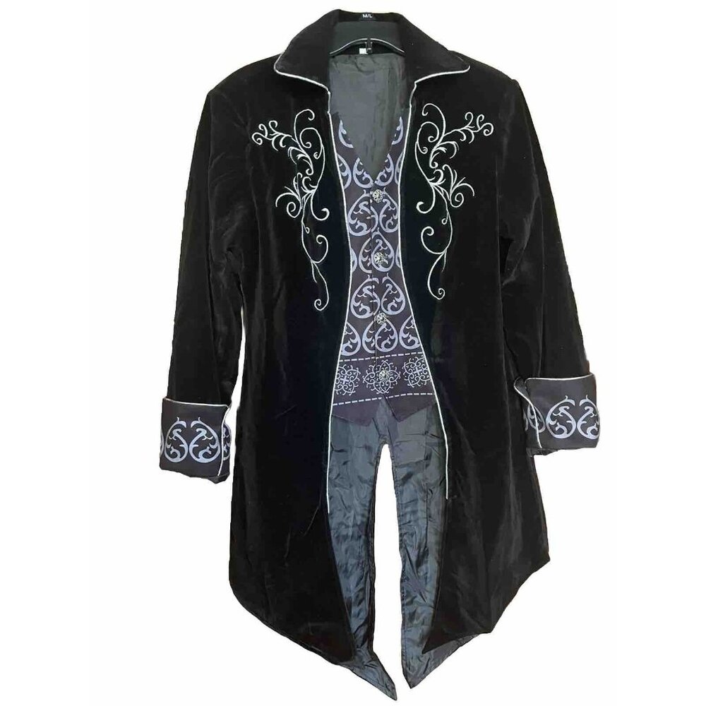 Black Embroidered Velvet Long Coat Jacket